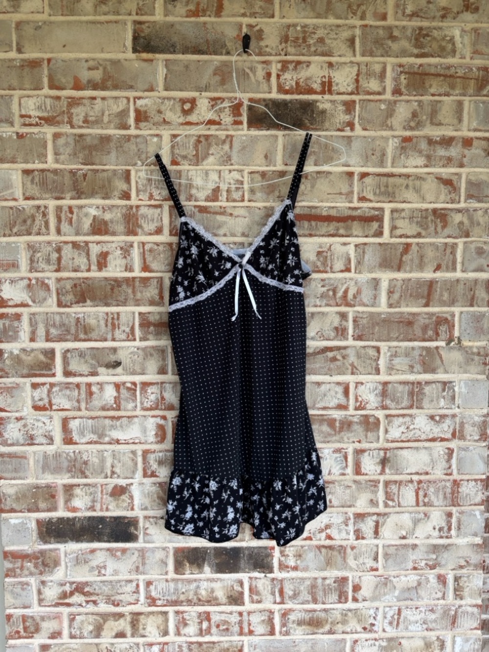Women's Black Polka Dot & Floral Lace Trim Chemise